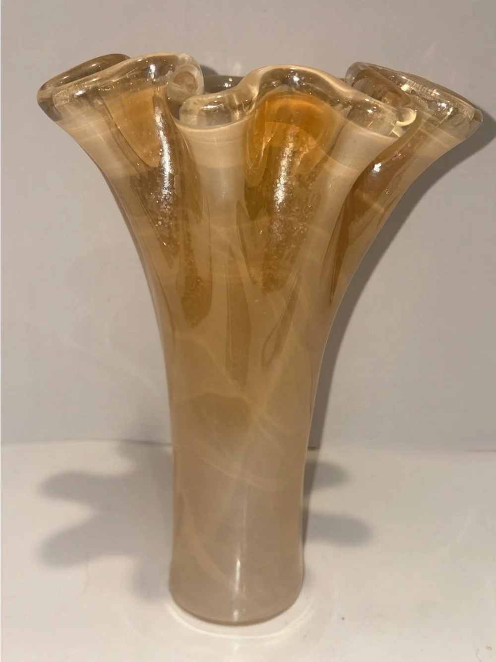 Murano Gold/Peach Luster Blown Art Glass Flower Vase/Ruffle/Wave Top